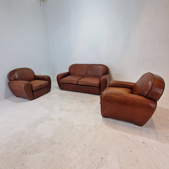 Image 1 of Set Of 2 Club Chairs And 1 Sofa In Saddle Leather By Jan Frantzen, Netherlands