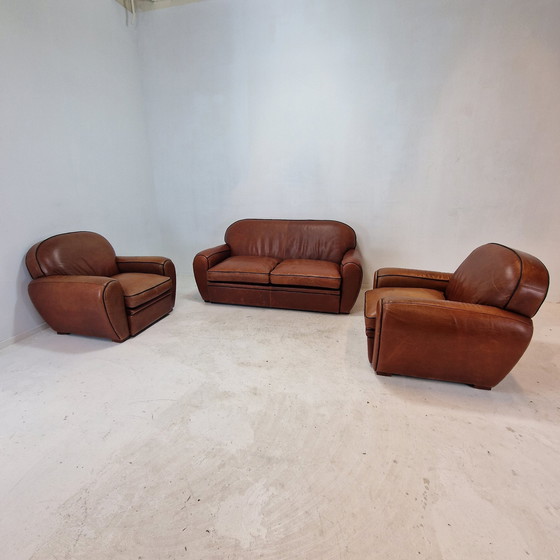 Image 1 of Set Of 2 Club Chairs And 1 Sofa In Saddle Leather By Jan Frantzen, Netherlands