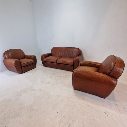 Set Of 2 Club Chairs And 1 Sofa In Saddle Leather By Jan Frantzen, Netherlands