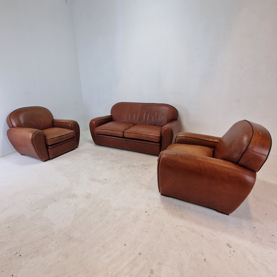 Image 1 of Set Of 2 Club Chairs And 1 Sofa In Saddle Leather By Jan Frantzen, Netherlands