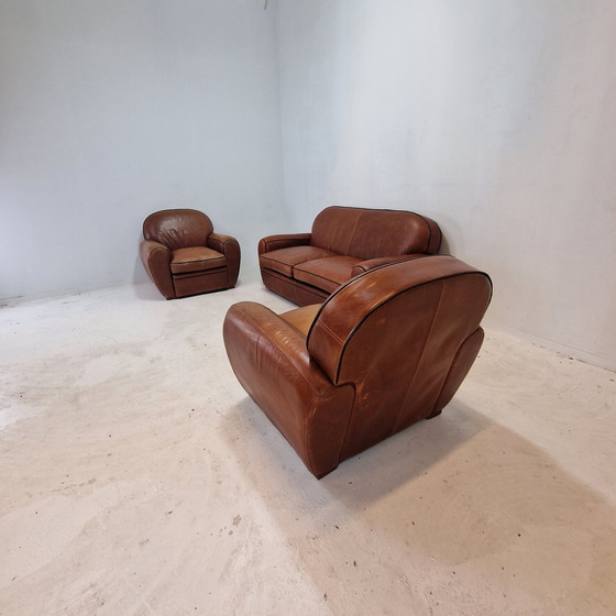 Image 1 of Set Of 2 Club Chairs And 1 Sofa In Saddle Leather By Jan Frantzen, Netherlands