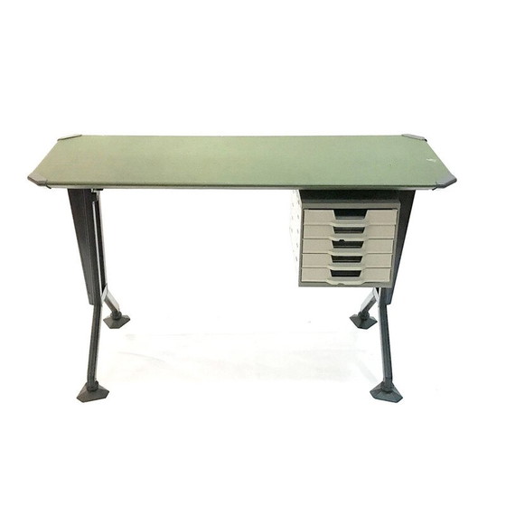 Image 1 of Green vintage desk in metal and vinyl by G. Banfi L. Belgiojoso E. Peressutti