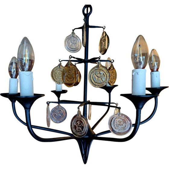 Image 1 of Vintage Scandinavian metal and glass chandelier by Erik Höglund and Boda Glasburk for Holm Sorensen, Denmark 1960s