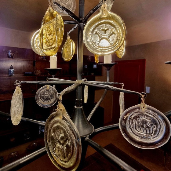 Image 1 of Vintage Scandinavian metal and glass chandelier by Erik Höglund and Boda Glasburk for Holm Sorensen, Denmark 1960s