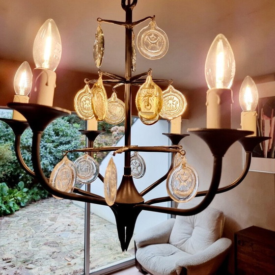 Image 1 of Vintage Scandinavian metal and glass chandelier by Erik Höglund and Boda Glasburk for Holm Sorensen, Denmark 1960s