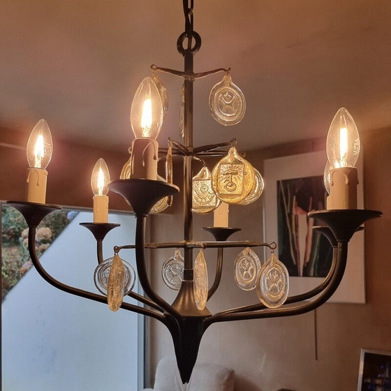 Image 1 of Vintage Scandinavian metal and glass chandelier by Erik Höglund and Boda Glasburk for Holm Sorensen, Denmark 1960s