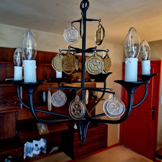 Image 1 of Vintage Scandinavian metal and glass chandelier by Erik Höglund and Boda Glasburk for Holm Sorensen, Denmark 1960s