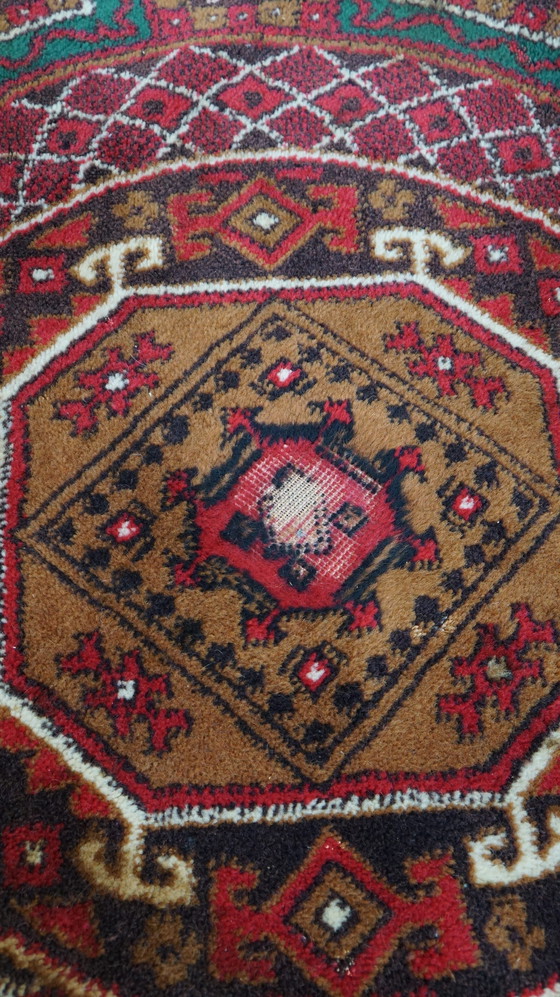 Image 1 of Tapis rond en laine vintage dans les tons rouge et jaune-brun 150x150cm