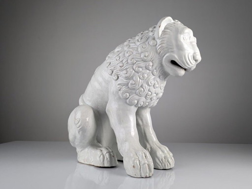 Glazed Clay Lion Sculpture In Romanesque Style