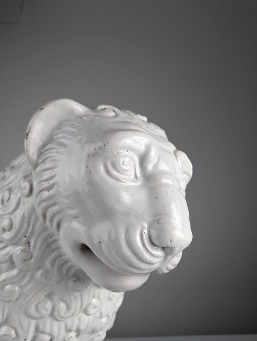 Glazed Clay Lion Sculpture In Romanesque Style