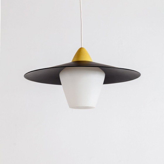 Image 1 of Lampada a sospensione vintage in metallo nero e vetro, 1950