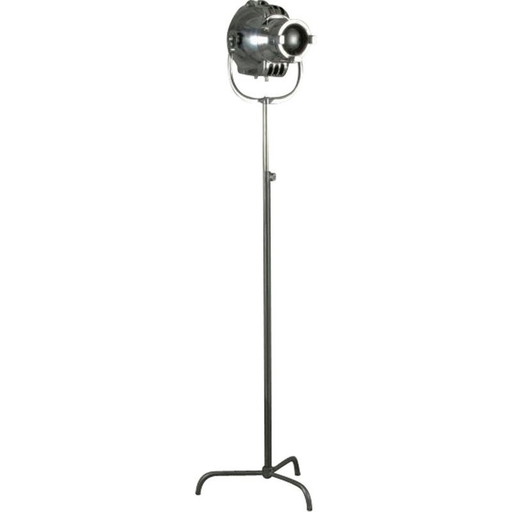 Vintage floor lamp with strand spotlight in polished aluminum and fresnel glass, 1950