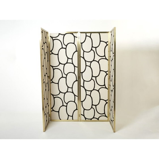 Image 1 of Vintage four panel brass and silk fabric screen by Galerie Maison et Jardin, 1970