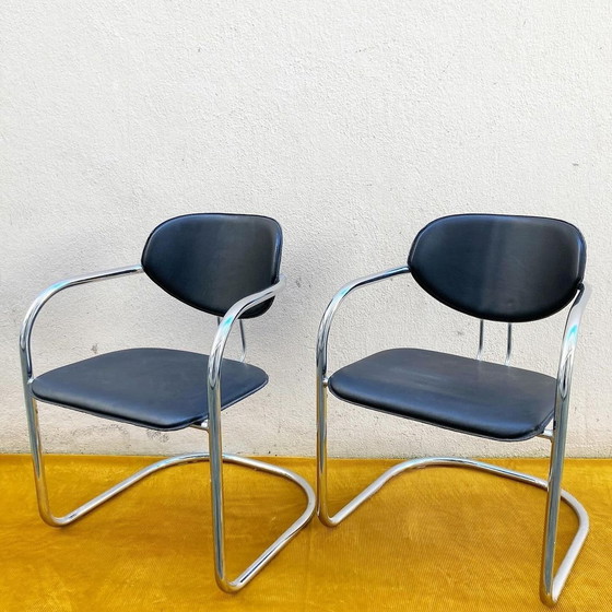 Image 1 of Effezeta Chairs, Tubular Chrome Frame And Black Skai, Made In Italy