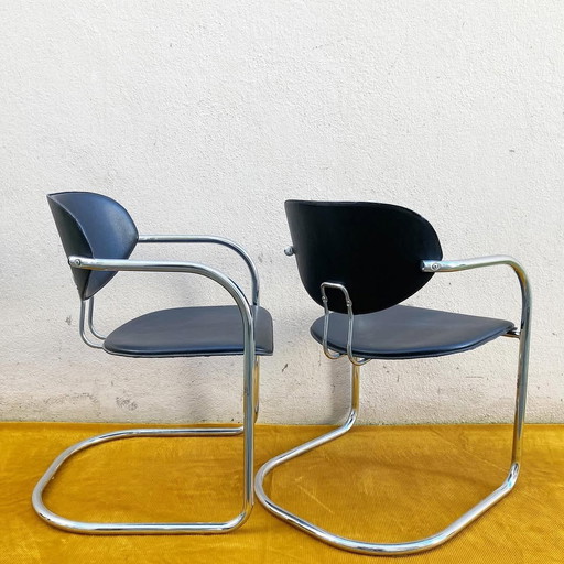 Effezeta Chairs, Tubular Chrome Frame And Black Skai, Made In Italy