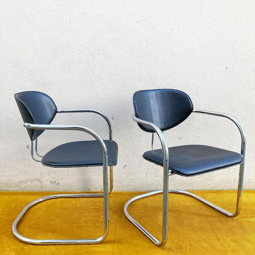 Effezeta Chairs, Tubular Chrome Frame And Black Skai, Made In Italy