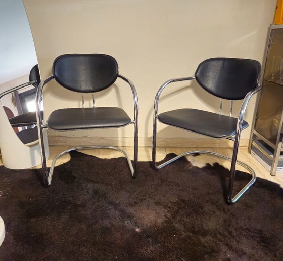 Image 1 of Effezeta Chairs, Tubular Chrome Frame And Black Skai, Made In Italy