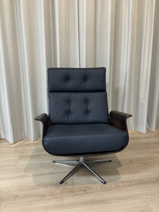 Image 1 of Vintage Lounge Chair With Wooden Tub | New Cushions Blue Leather