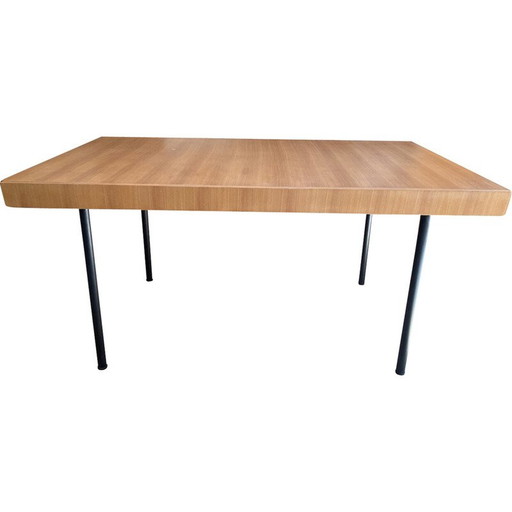 Vintage elm and metal dining table with extension leaf by Gérard Guermonprez for Magnani, 1960