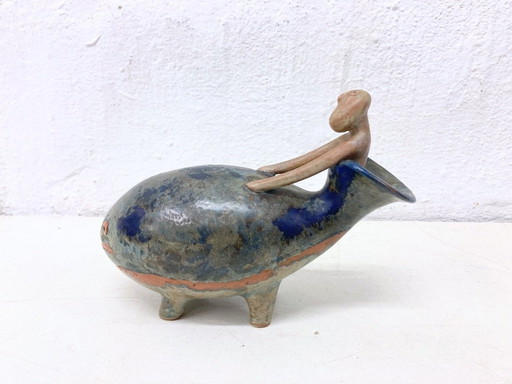 Rare studio ceramic sculpture Noah And The Whale by Eva Fritz Lindner 70s