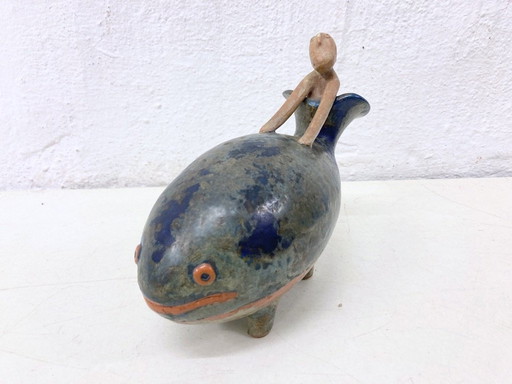 Rare studio ceramic sculpture Noah And The Whale by Eva Fritz Lindner 70s