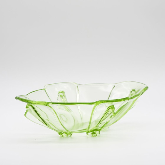 Image 1 of Rare Large Antique Art Déco Crystal Uranium Glass Fruits Bowl 29Cm×18Cm 30S Chic