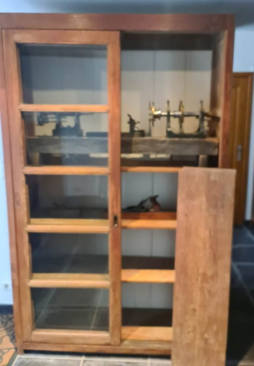 Antique Teak Sliding Door Display Cabinet