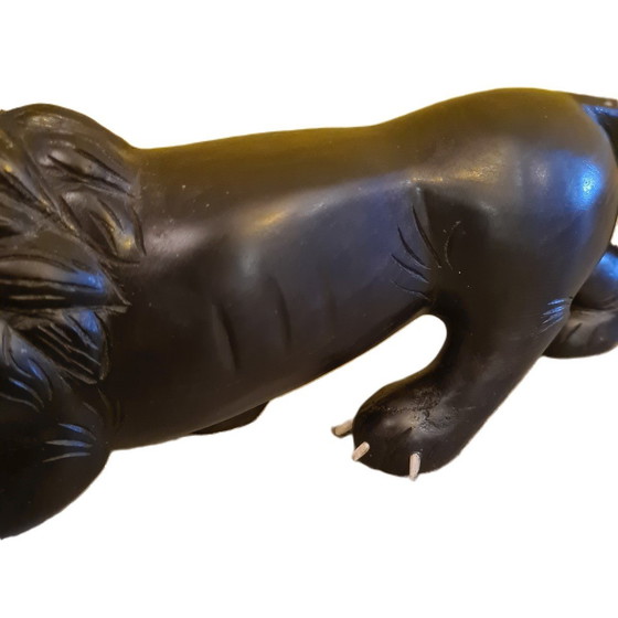 Image 1 of Ebonized Black Wooden Lion, Mid-20th Century