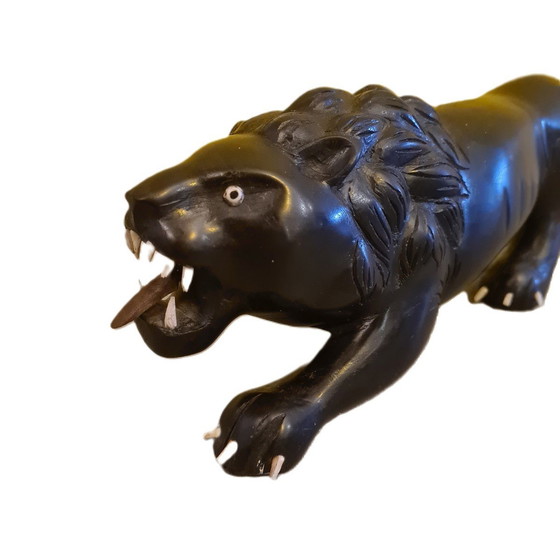 Image 1 of Ebonized Black Wooden Lion, Mid-20th Century