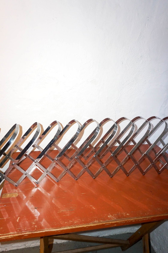 Image 1 of Vintage Chrome 'Harmonica' Magazine Rack * Luther Evans For Present Time / Radius Design * Expandable Lp Record Holder 1970S