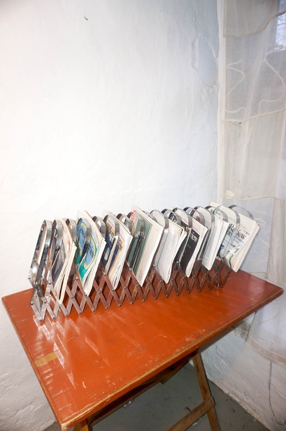 Image 1 of Vintage Chrome 'Harmonica' Magazine Rack * Luther Evans For Present Time / Radius Design * Expandable Lp Record Holder 1970S
