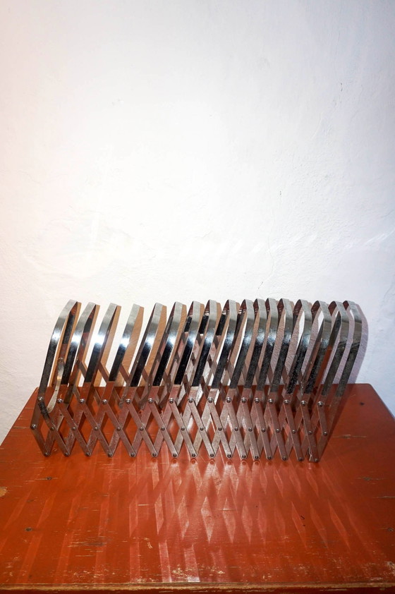 Image 1 of Vintage Chrome 'Harmonica' Magazine Rack * Luther Evans For Present Time / Radius Design * Expandable Lp Record Holder 1970S