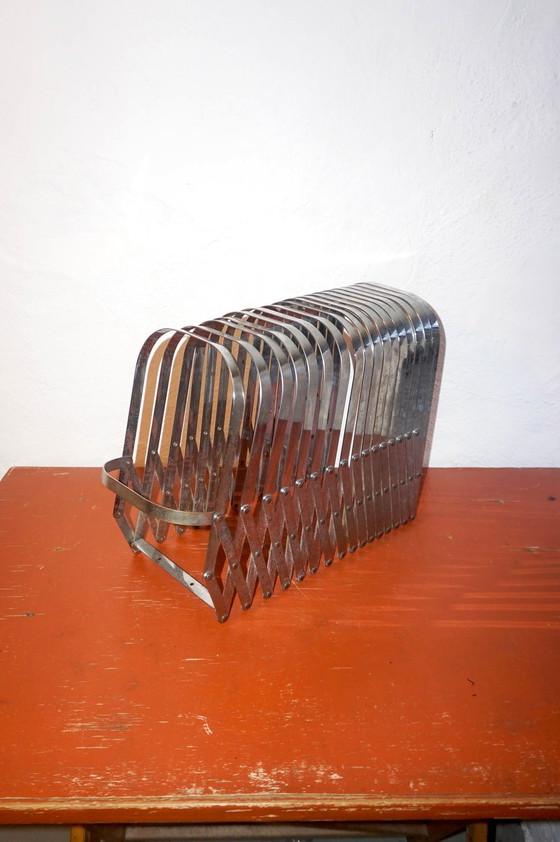 Image 1 of Vintage Chrome 'Harmonica' Magazine Rack * Luther Evans For Present Time / Radius Design * Expandable Lp Record Holder 1970S