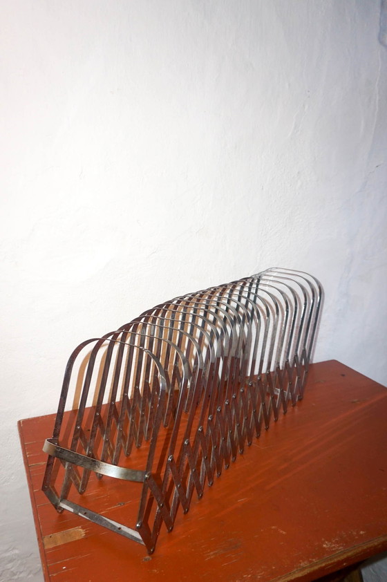 Image 1 of Vintage Chrome 'Harmonica' Magazine Rack * Luther Evans For Present Time / Radius Design * Expandable Lp Record Holder 1970S