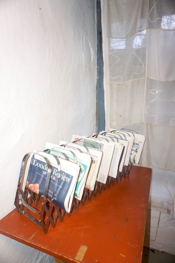 Image 1 of Vintage Chrome 'Harmonica' Magazine Rack * Luther Evans For Present Time / Radius Design * Expandable Lp Record Holder 1970S