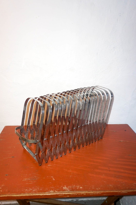 Image 1 of Vintage Chrome 'Harmonica' Magazine Rack * Luther Evans For Present Time / Radius Design * Expandable Lp Record Holder 1970S