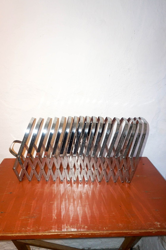 Image 1 of Vintage Chrome 'Harmonica' Magazine Rack * Luther Evans For Present Time / Radius Design * Expandable Lp Record Holder 1970S