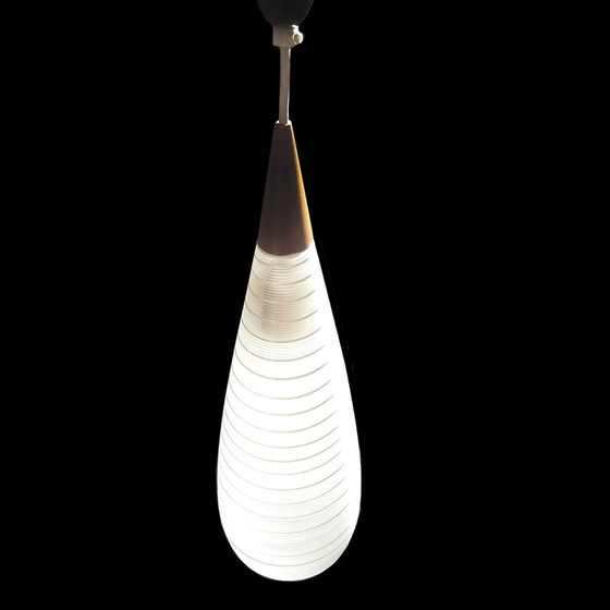 Image 1 of Mid-Century Teak and Glass Pendant Lamp