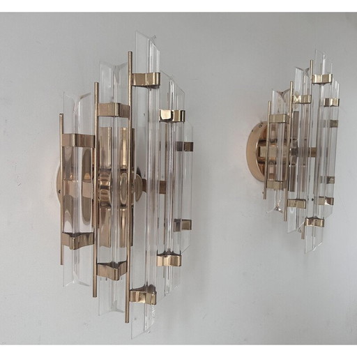 Pair of vintage brass and altuglas wall lamp, Italy 1970