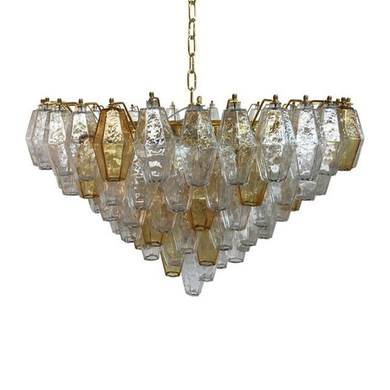 Image 1 of Contemporary Transparent And Amber “Poliedri” Murano Glass Chandelier