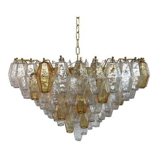 Contemporary Transparent And Amber “Poliedri” Murano Glass Chandelier