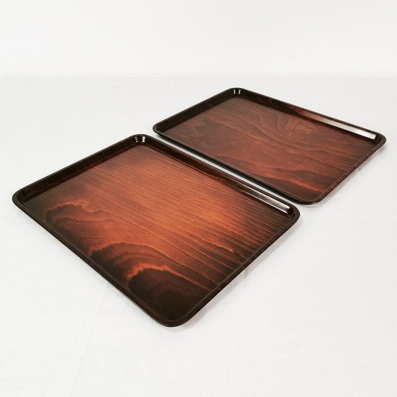 Image 1 of Pair of vintage oak wood and plastic trays for Gerling, Germany 1960