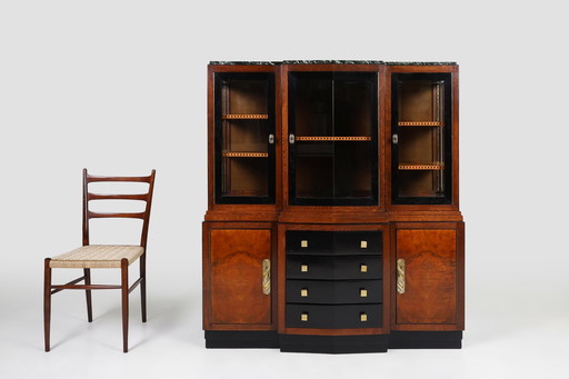 Art Deco Cabinet In Burl Wood With Green Marble Top, France, 1930S