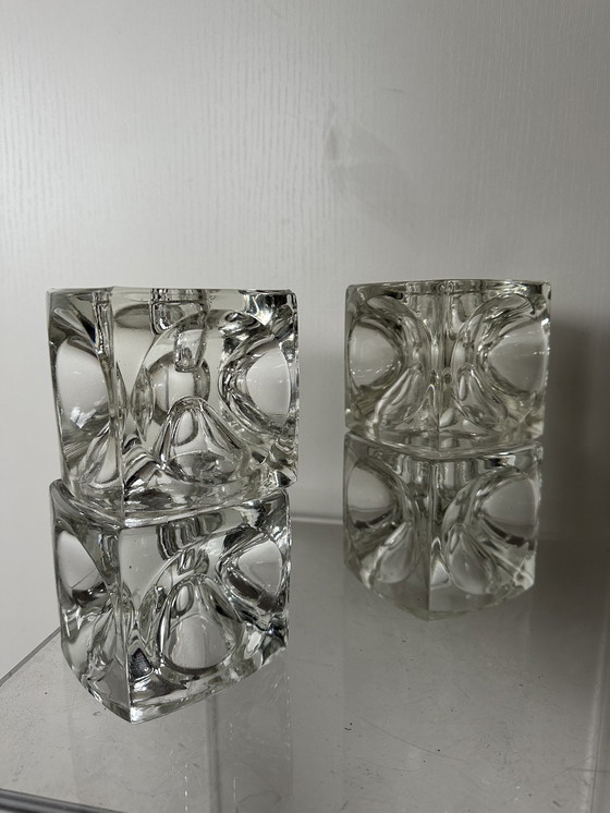 Image 1 of Vintage Rudolf Jurnikl Candlesticks Ice Cube Glass Design Candlesticks