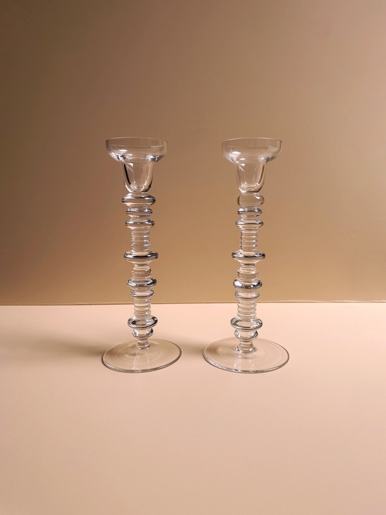 Image 1 of 2X Vintage Peill & Putzler Candle Holder Handmade Glass Mid - Century Crystal Glass Candle Holder Candelabra 60's Modernist