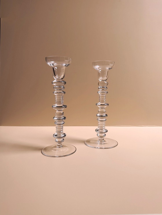 Image 1 of 2X Vintage Peill & Putzler Candle Holder Handmade Glass Mid - Century Crystal Glass Candle Holder Candelabra 60's Modernist