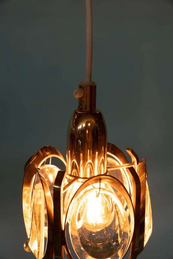 Image 1 of Lampe suspendue vintage en laiton et cristal Palwa, suspension midcentury