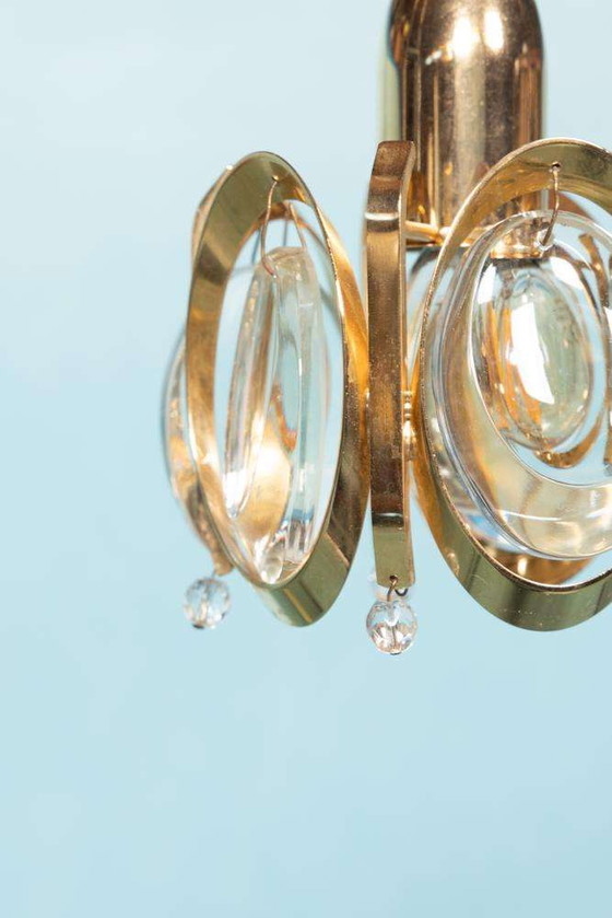 Image 1 of Lampe suspendue vintage en laiton et cristal Palwa, suspension midcentury