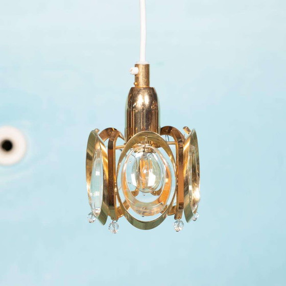 Image 1 of Lampe suspendue vintage en laiton et cristal Palwa, suspension midcentury