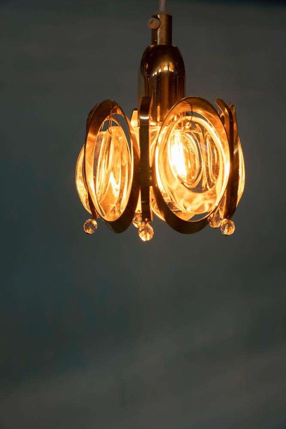 Image 1 of Lampe suspendue vintage en laiton et cristal Palwa, suspension midcentury